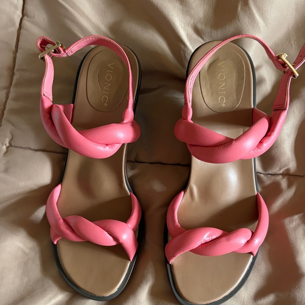 Vionic Coral Pink Braided Ankle-Strap Sandals
